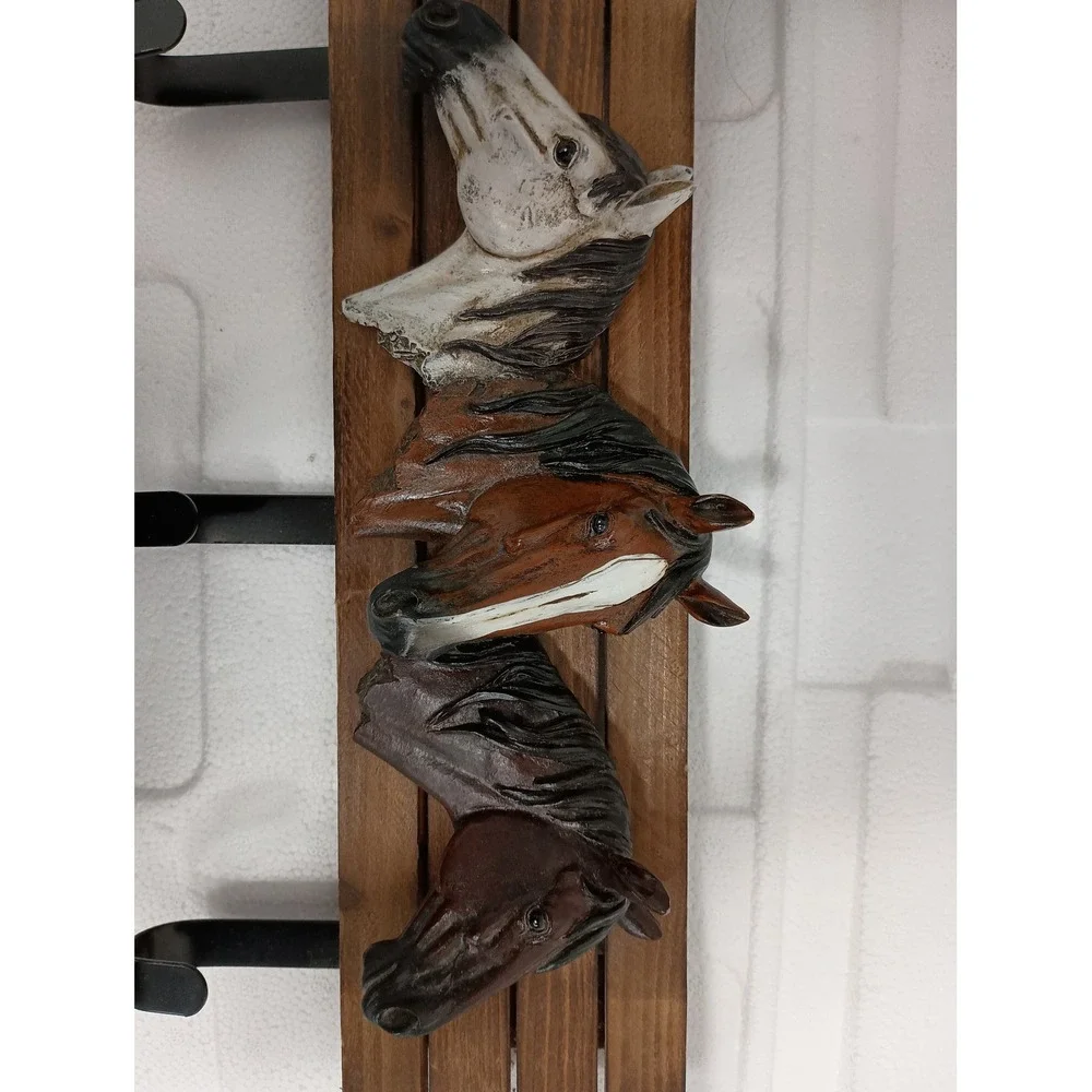 VTG Horse Head Wood Wall Hanging Rack 3 Hook Brown Western Cowboy Hat Coat Rack